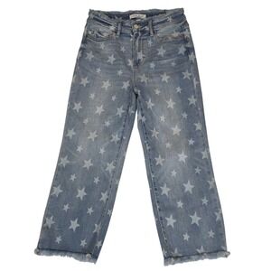 Judy Blue Jeans Womens 5/27 Cropped Straight Mid Rise Star Print‎ Stretch Blue